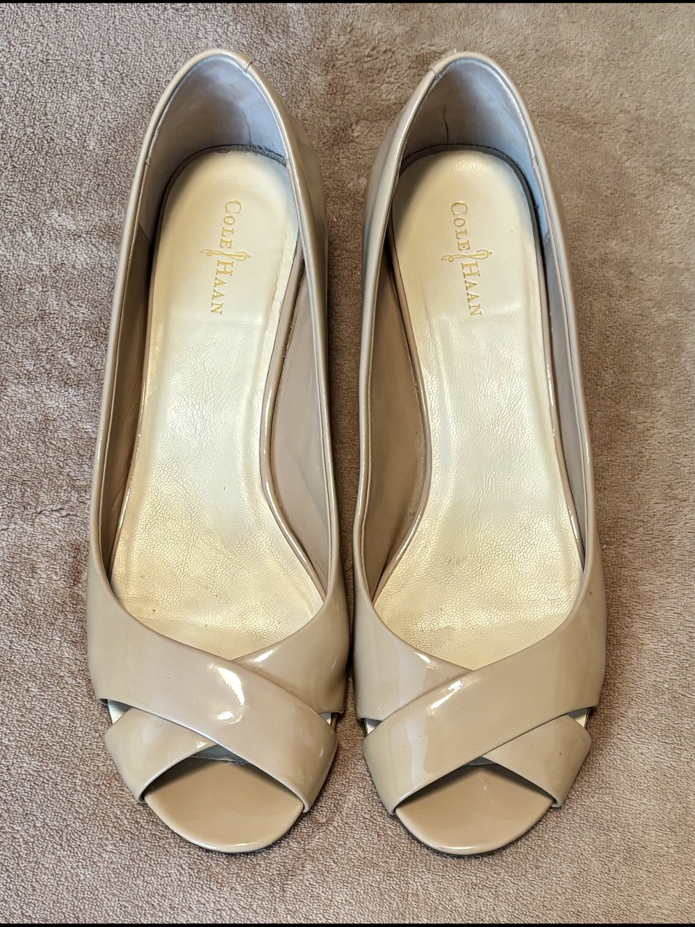 Cole Haan Beige Patent Peep-Toe Heels